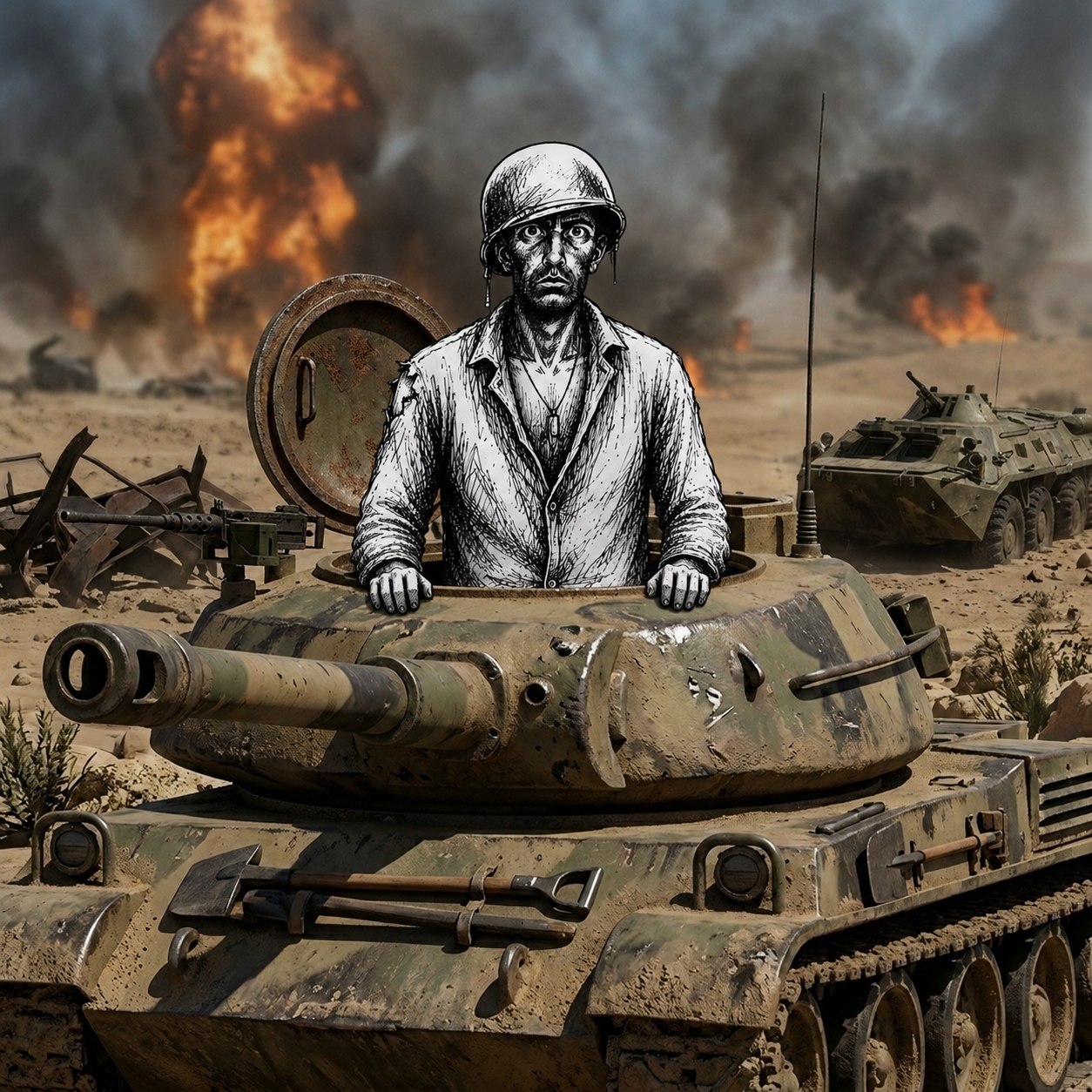 Trenchcoin soldier in a tank turret in a desert battle